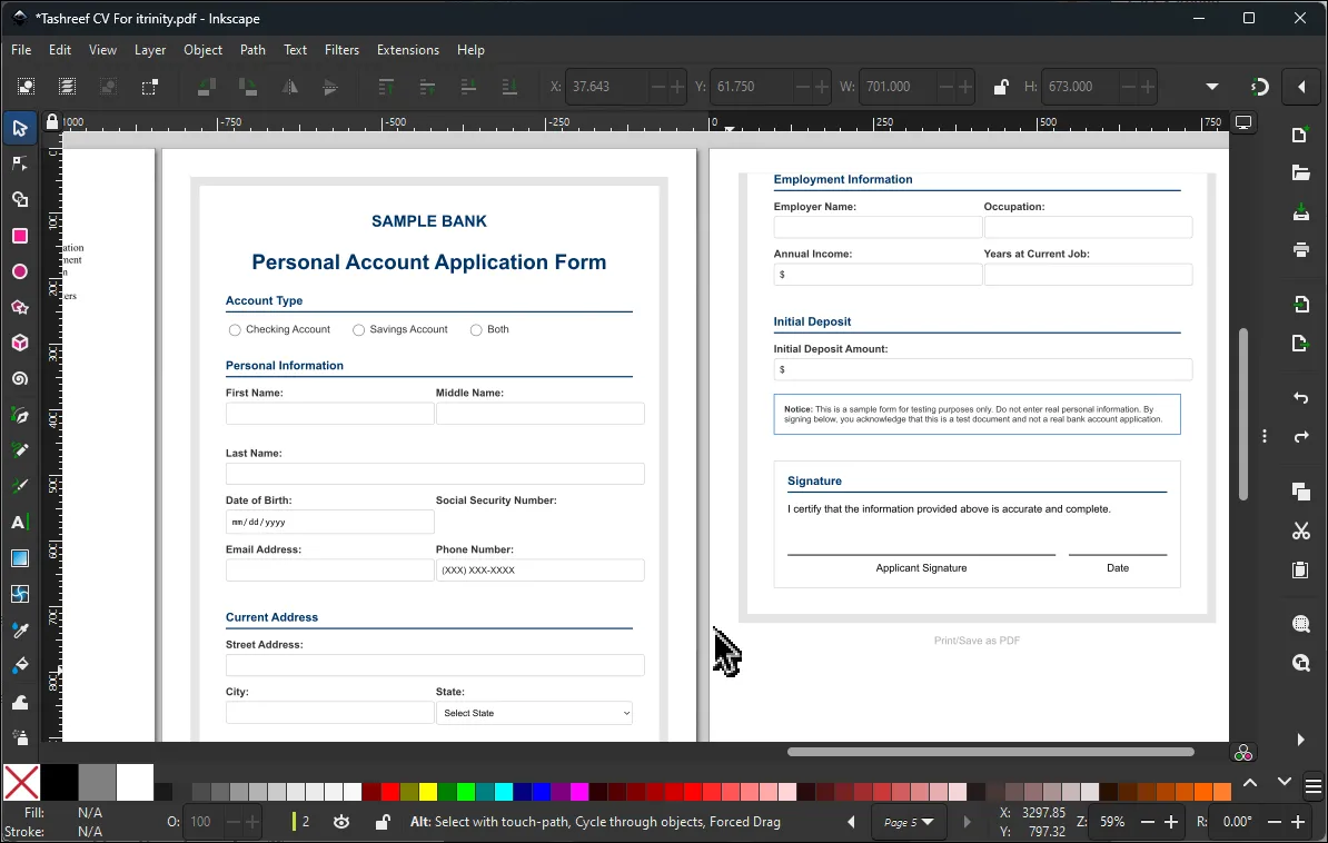 Bố cục chỉnh sửa PDF của Inkscape, cho phép người dùng thao tác với các yếu tố đồ họa trong tài liệu.