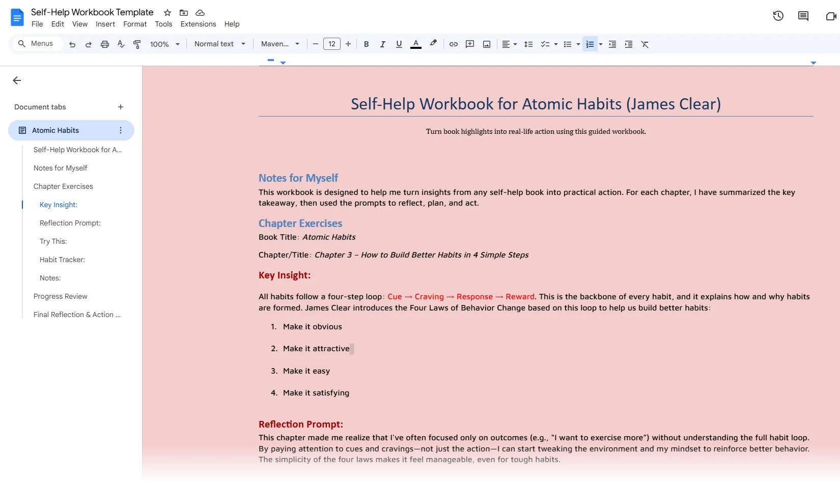 Bố cục mẫu sổ tay bài tập tự trợ giúp trong Google Docs, bao gồm các phần như trang bìa, ghi chú, bài tập theo chương và kế hoạch hành động.