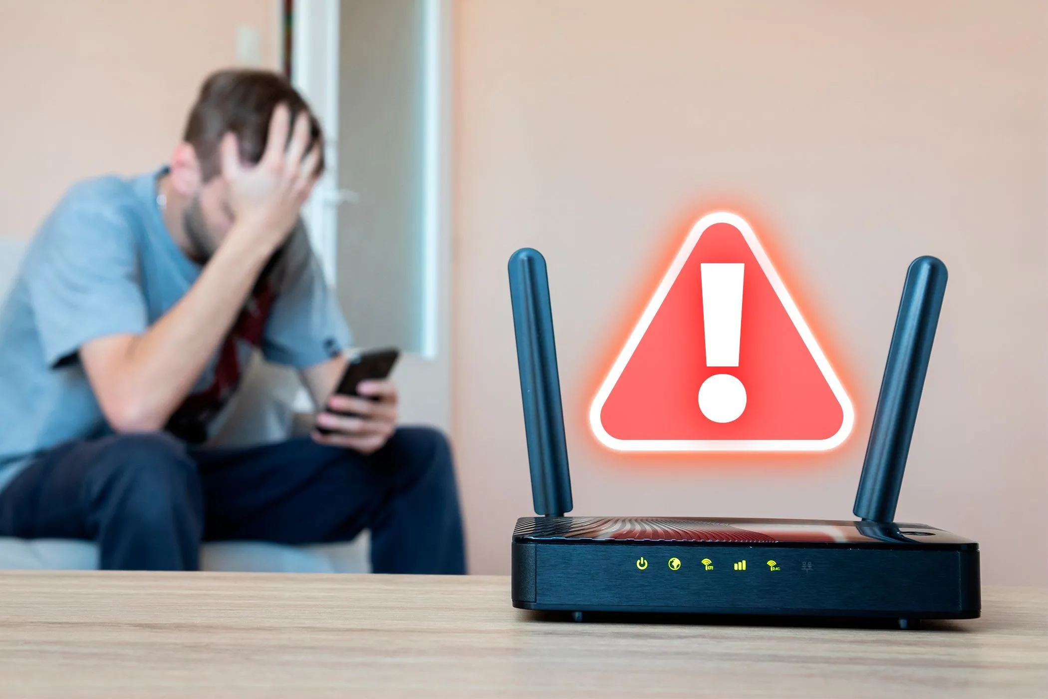 Bộ định tuyến Wi-Fi với biểu tượng cảnh báo bảo mật, minh họa nguy cơ bị tấn công mạng từ router cũ.