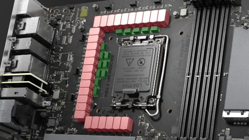 Bo mạch chủ MSI MEG Z790 với các VRM (mô-đun điều chỉnh điện áp) được đánh dấu màu đỏ, thể hiện khu vực cấp nguồn quan trọng.