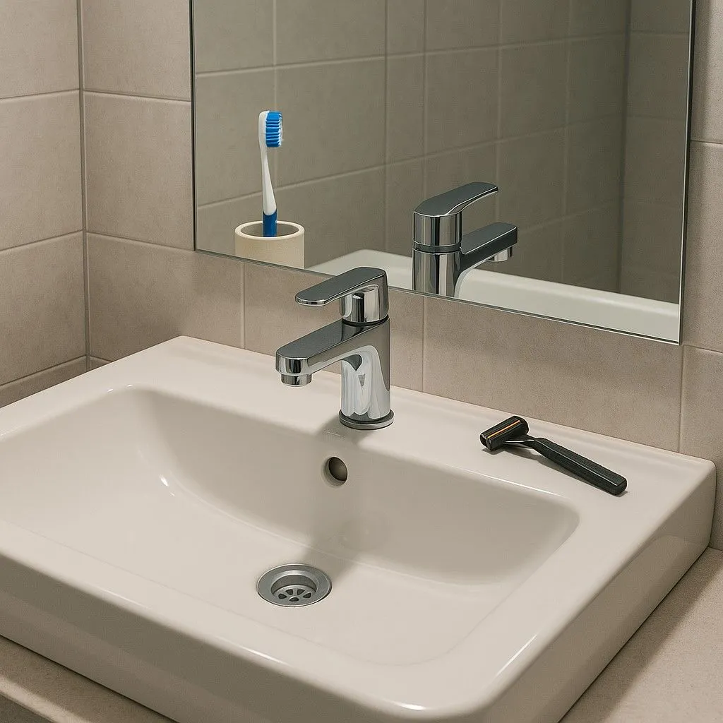 Bồn rửa hiện đại với phản chiếu trong gương gần như chính xác được tạo bởi ChatGPT 4o