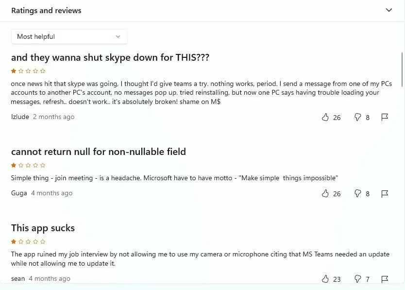 Các đánh giá của người dùng về Microsoft Teams trên Microsoft Store, chủ yếu là phản hồi tiêu cực