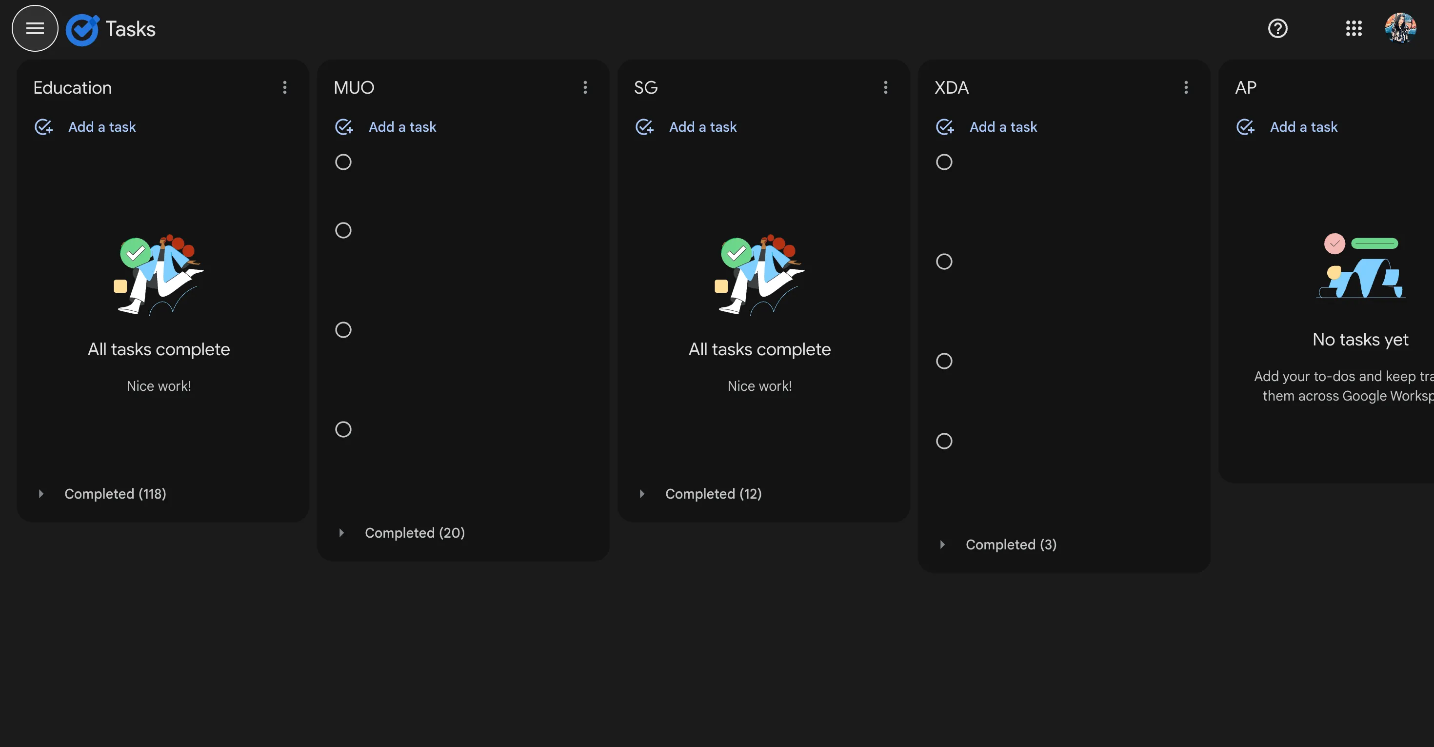 Các danh sách nhiệm vụ riêng biệt trong Google Tasks