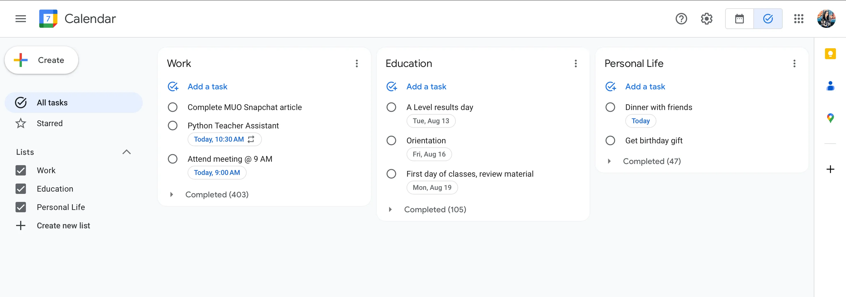 Các danh sách tác vụ khác nhau hiển thị rõ ràng trong Google Tasks giúp dễ dàng quản lý