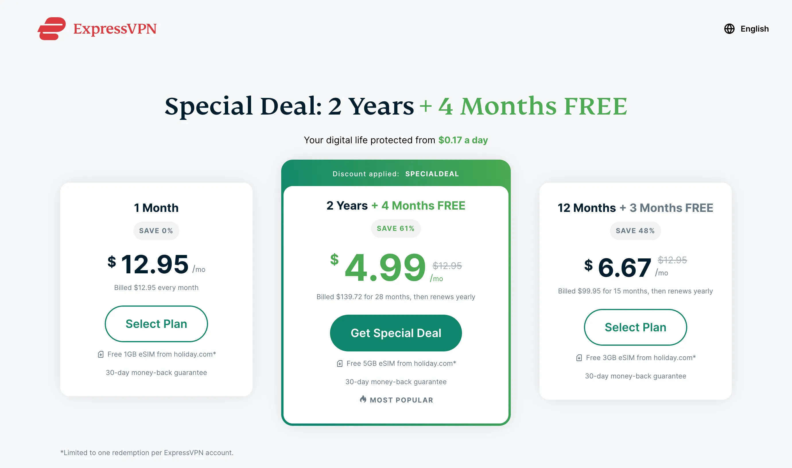 Các gói đăng ký ExpressVPN cùng mức giảm giá hấp dẫn khi chọn thời hạn dài