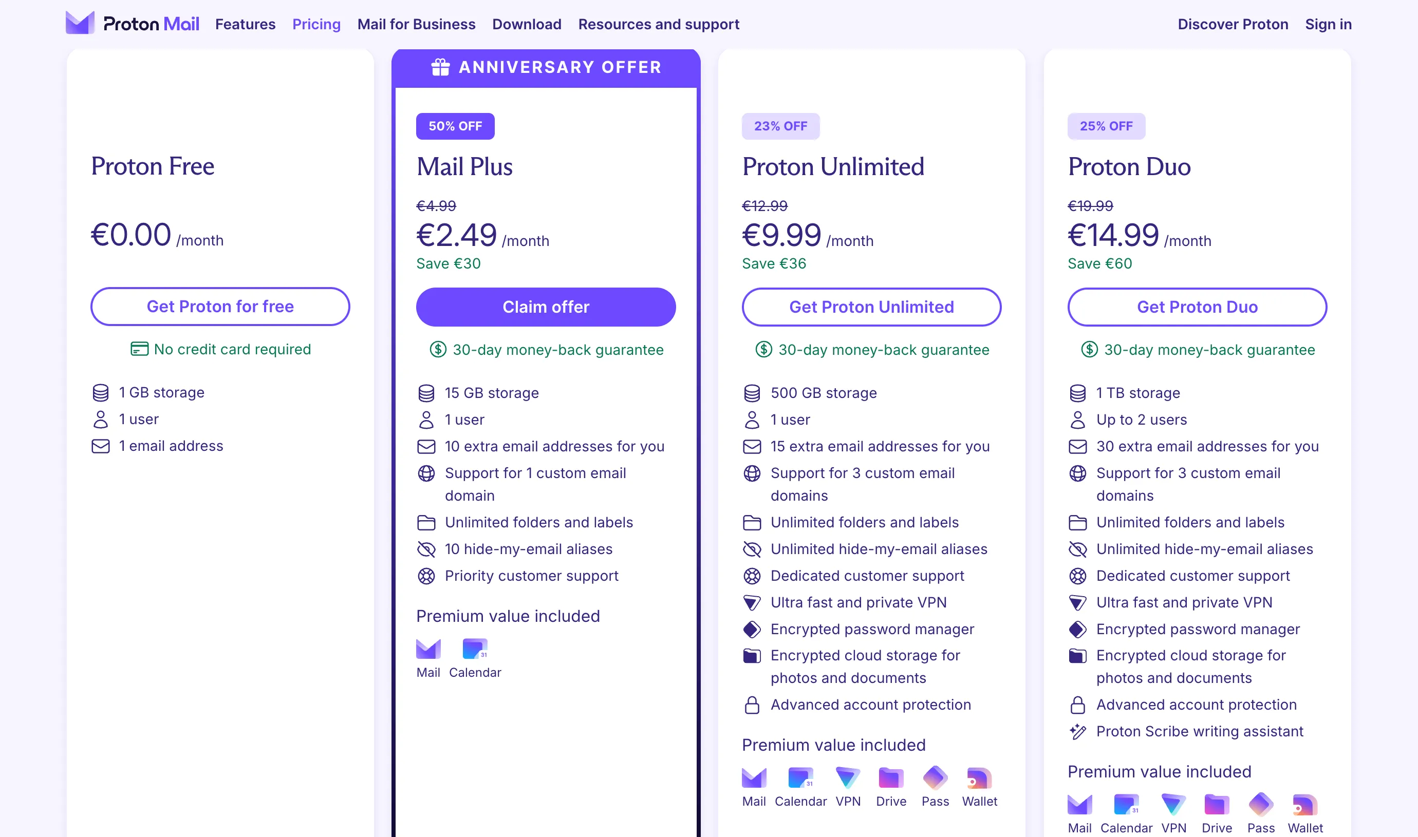 Các gói đăng ký ProtonMail bao gồm tiện ích Proton VPN và nhiều dịch vụ khác