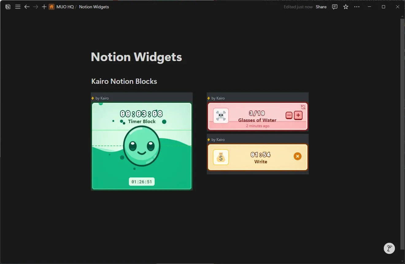 Các khối Kairo Notion Blocks tùy chỉnh như hẹn giờ và theo dõi thói quen hiển thị trên trang Notion