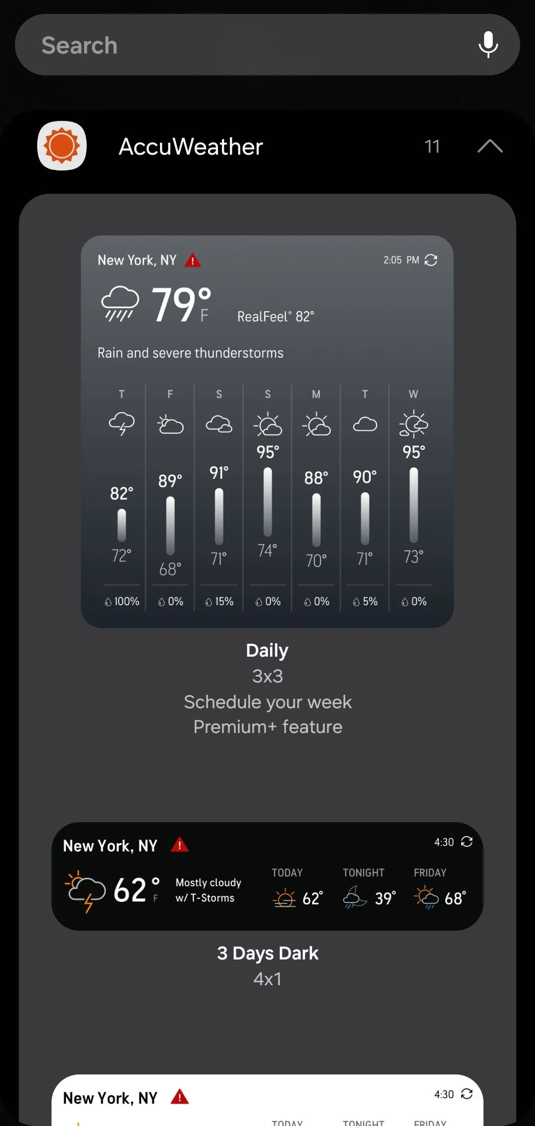 Các lựa chọn widget đa dạng của AccuWeather, từ kích thước lớn đến nhỏ, cho phép cá nhân hóa màn hình chính