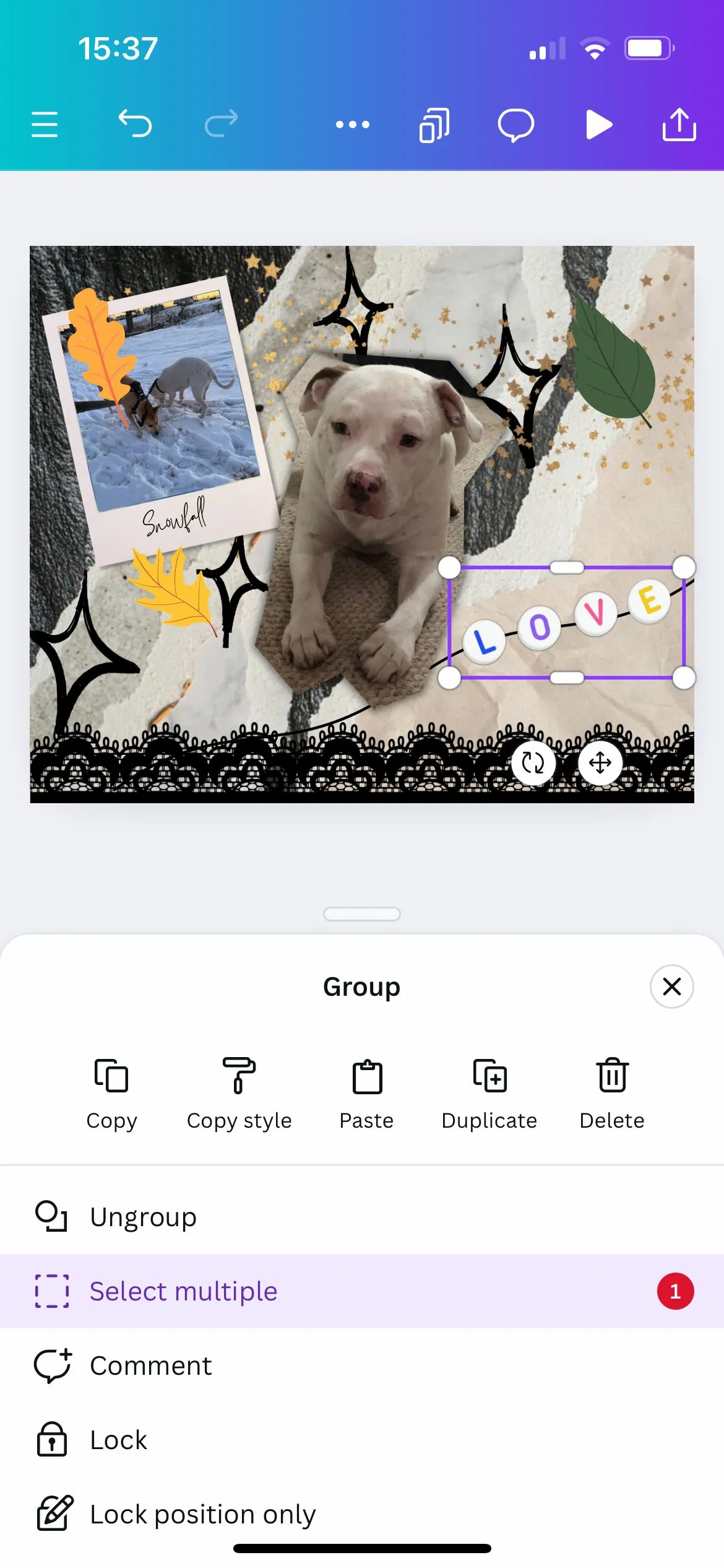 Các phần tử đã được nhóm trong ứng dụng Canva