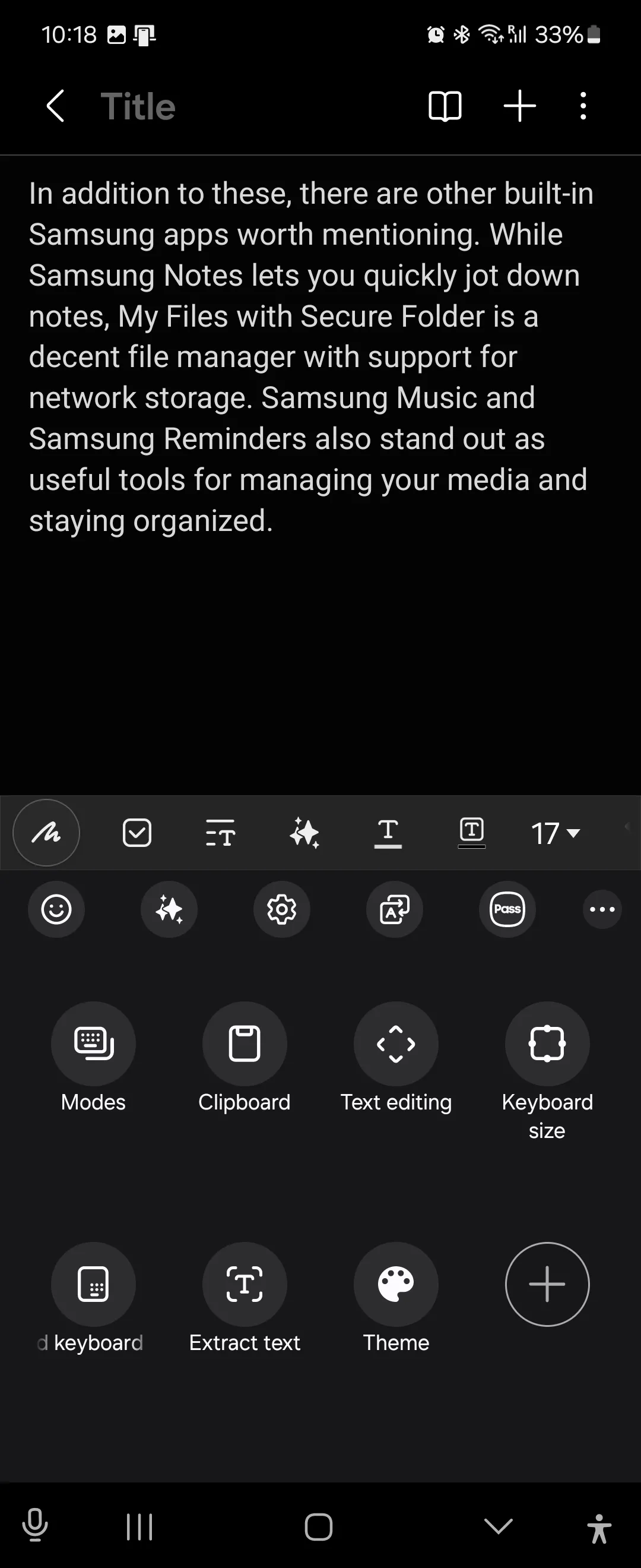 Các phím tắt tính năng tích hợp trên bàn phím Samsung, bao gồm truy cập Samsung Pass, dịch và trích xuất văn bản, hiển thị trong Samsung Notes.