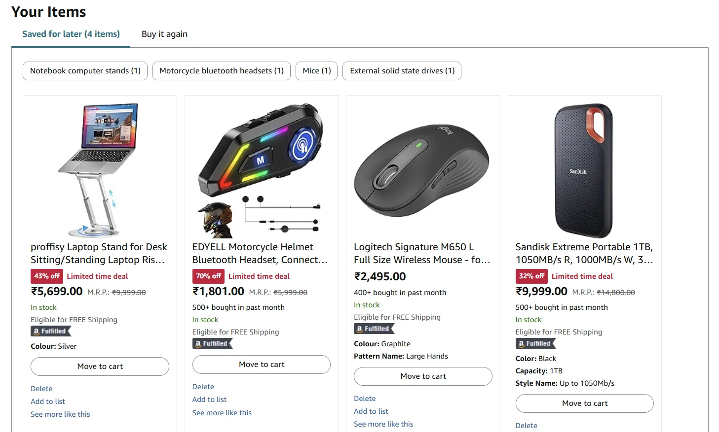Các sản phẩm được lưu để mua sau trong giỏ hàng Amazon của bạn