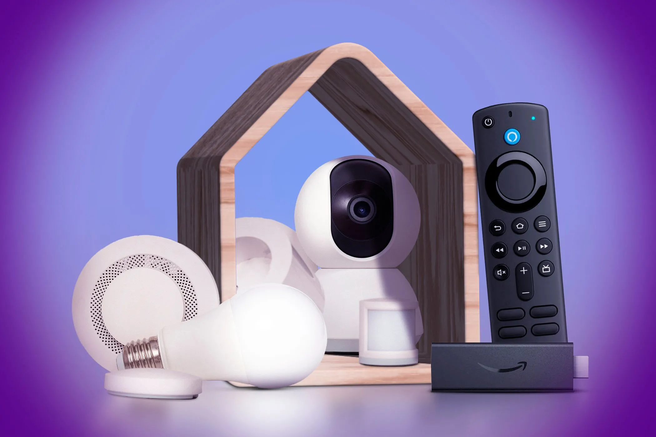 Các thiết bị nhà thông minh (IoT) như camera an ninh, bóng đèn thông minh và cảm biến cửa, minh họa tầm quan trọng của bảo mật IoT