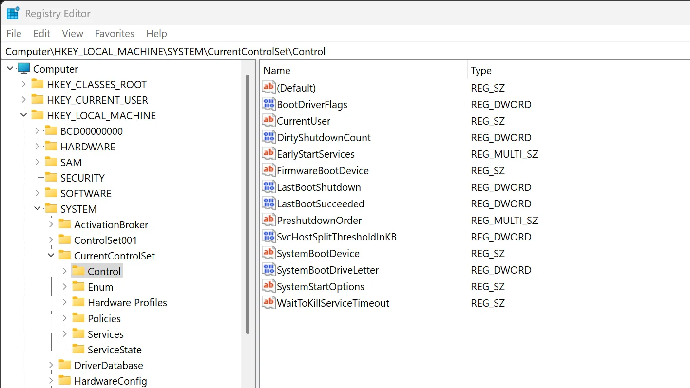 Các thông số điều khiển liên quan đến NVMe trong Trình chỉnh sửa Registry của Windows.