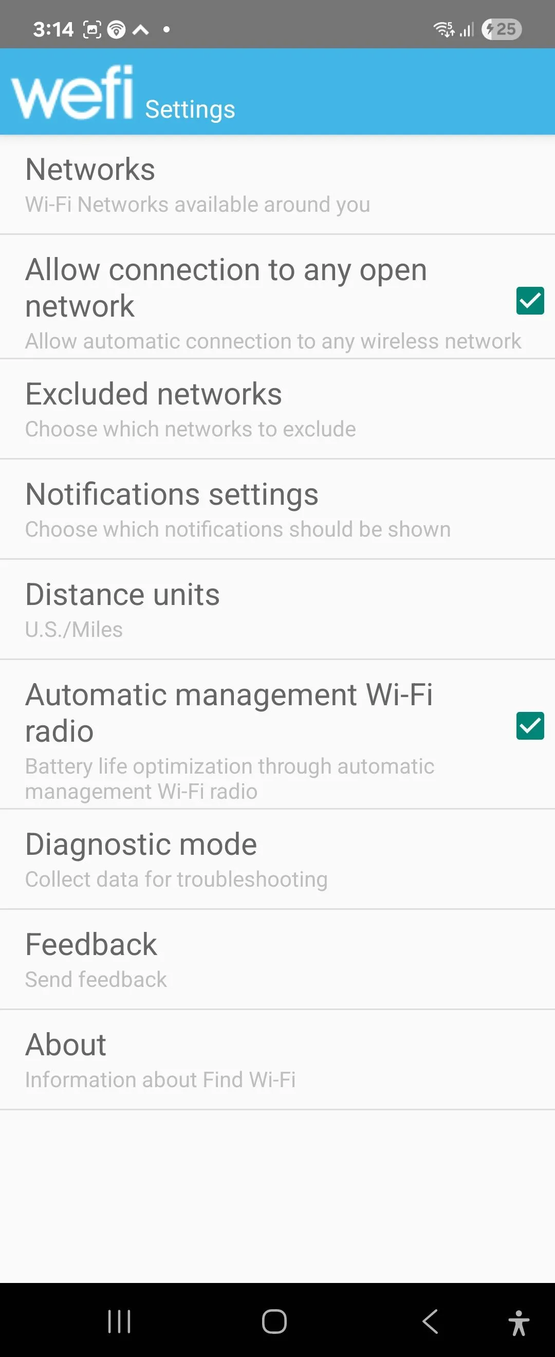 Các tùy chọn cài đặt trong ứng dụng WeFi trên Android, bao gồm quản lý kết nối và tối ưu hóa pin.