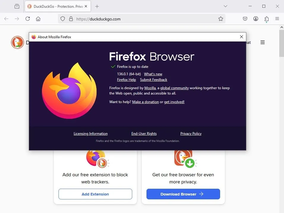 Các tùy chọn cập nhật trình duyệt Mozilla Firefox