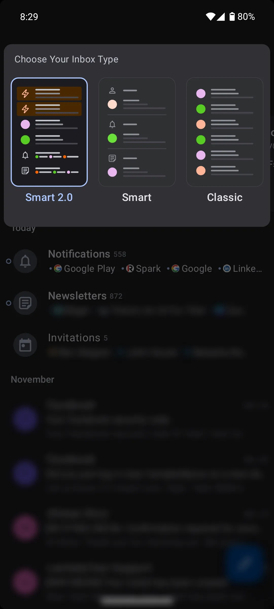 Các tùy chọn chế độ xem hộp thư đến trong Spark Mail trên Android, bao gồm Classic, Smart và Smart 2.0 để phân loại email