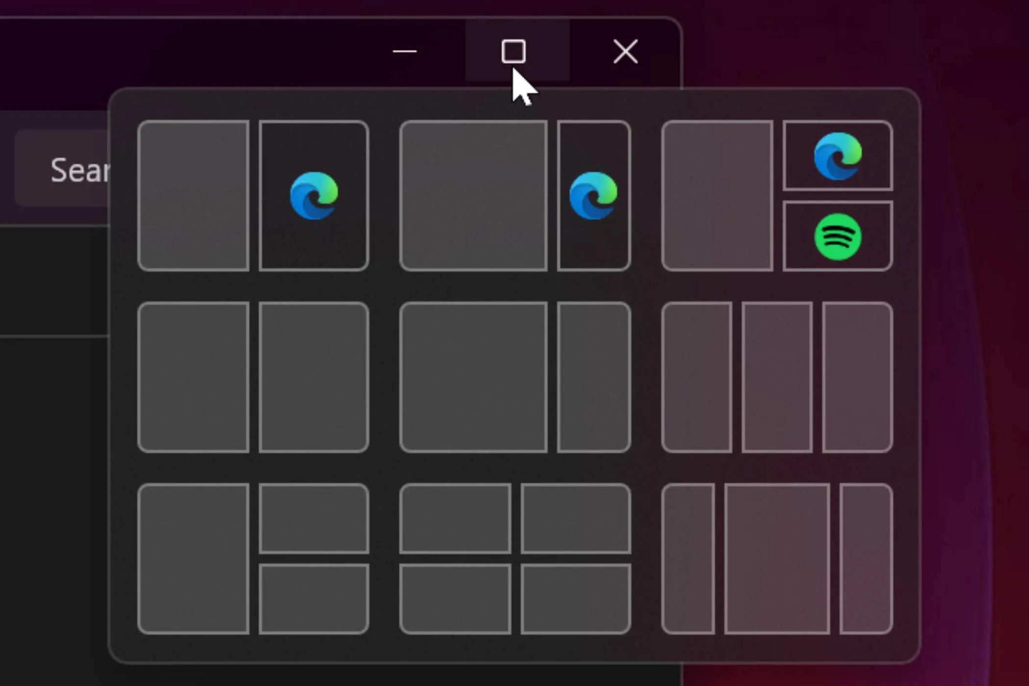 Các tùy chọn chia bố cục màn hình (Snap Layouts) đa dạng của Windows 11 được hiển thị ở góc một ứng dụng, hỗ trợ tối ưu không gian làm việc.
