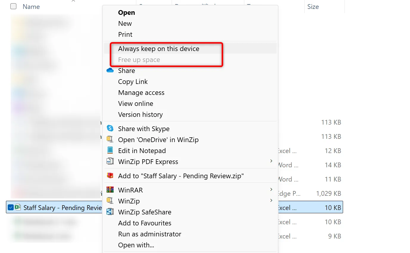 Các tùy chọn cho phép tệp OneDrive chỉ lưu trữ trực tuyến để tiết kiệm bộ nhớ hoặc giữ bản sao trên thiết bị.