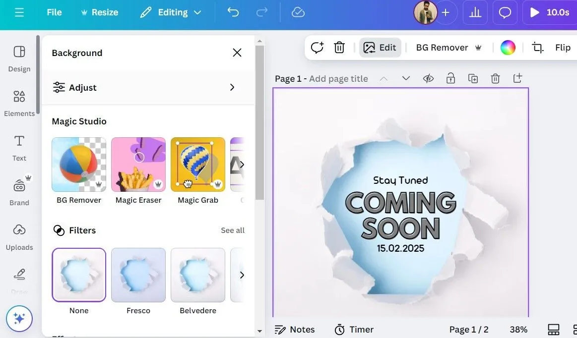 Các tùy chọn của Magic Studio trong ứng dụng Canva, bao gồm Magic Edit, hỗ trợ chỉnh sửa ảnh bằng AI để tối ưu hóa hình ảnh
