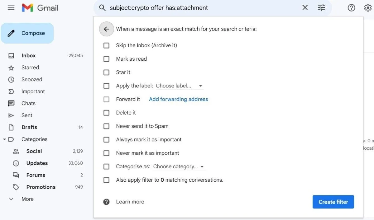 Các tùy chọn hành động khi tạo bộ lọc email trong Gmail, bao gồm đánh dấu đã đọc, lưu trữ và áp dụng nhãn