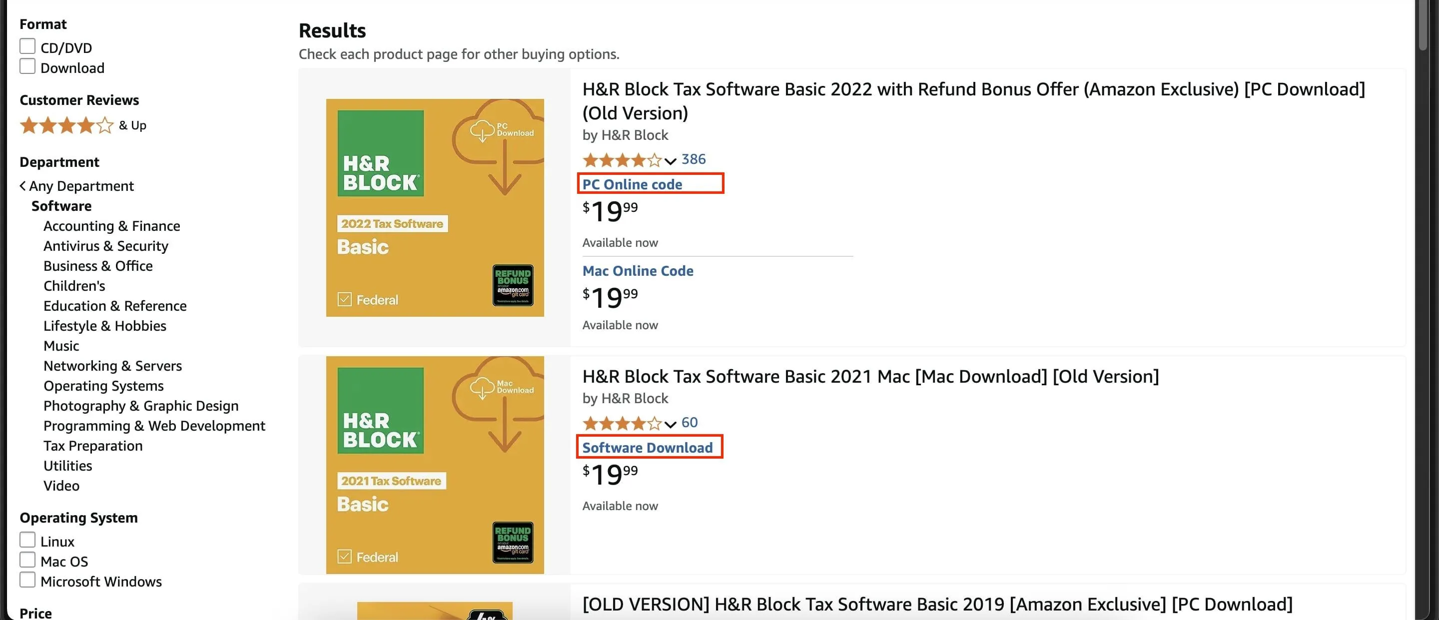 Các tùy chọn hình thức giao hàng phần mềm trên Amazon như mã trực tuyến, tải xuống hoặc đĩa CD-ROM