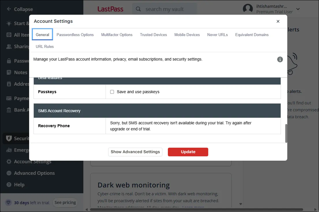 Các tùy chọn khôi phục tài khoản trong giao diện web của LastPass, minh họa khả năng khôi phục mật khẩu linh hoạt