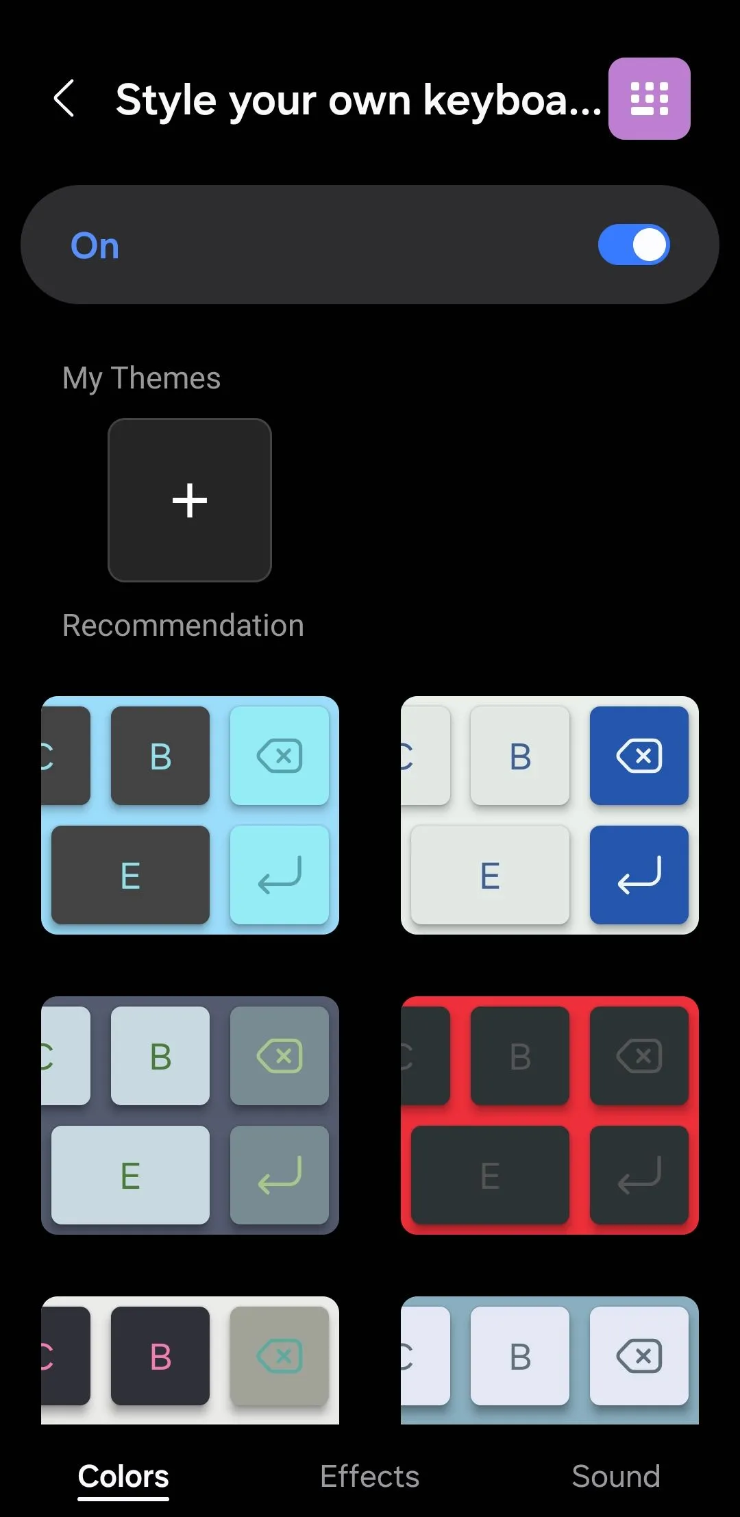 Các tùy chọn kiểu bàn phím trong cài đặt Samsung Keyboard trên điện thoại Galaxy, cho phép tùy chỉnh màu sắc và hiệu ứng