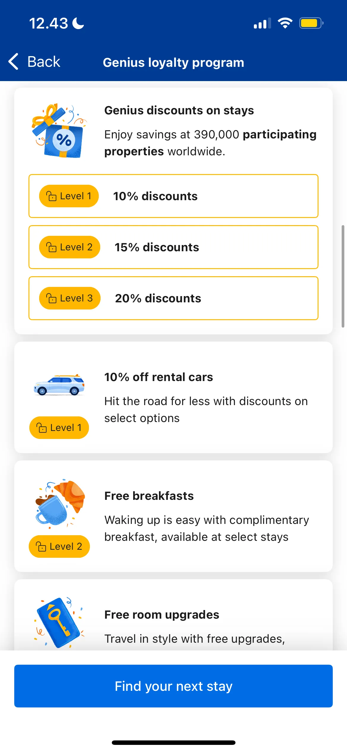 Các tùy chọn lợi ích và mức giảm giá của chương trình khách hàng thân thiết Genius trong ứng dụng Booking.com