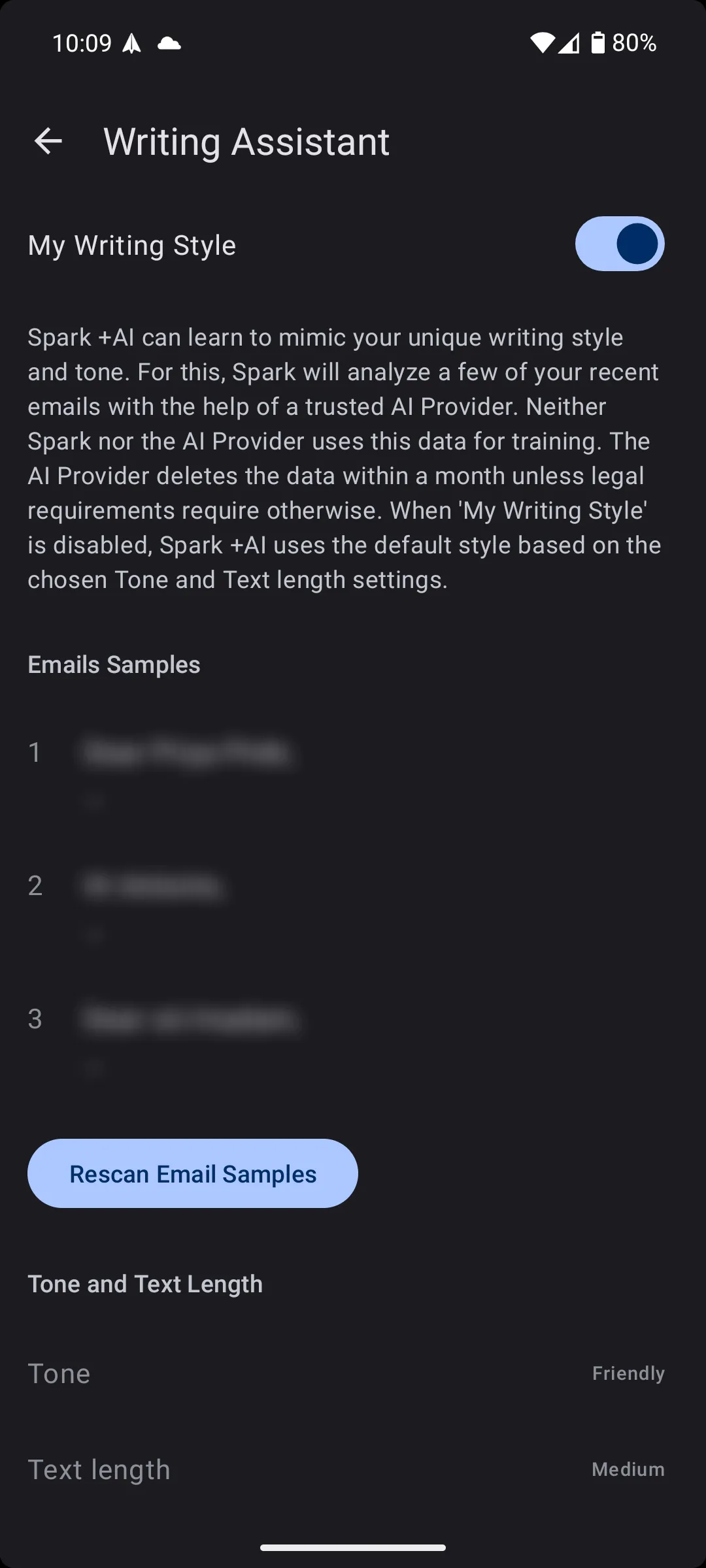 Các tùy chọn phong cách viết mẫu của trợ lý AI (Compose with +AI) trong Spark Mail