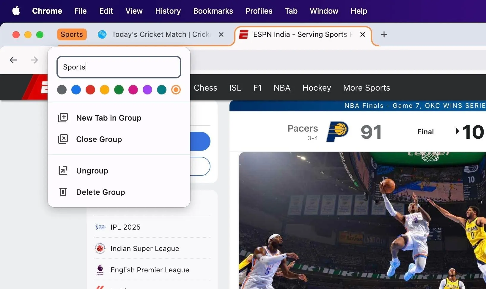 Các tùy chọn quản lý nhóm tab trong Chrome trên macOS, bao gồm đóng, tách hoặc xóa nhóm.
