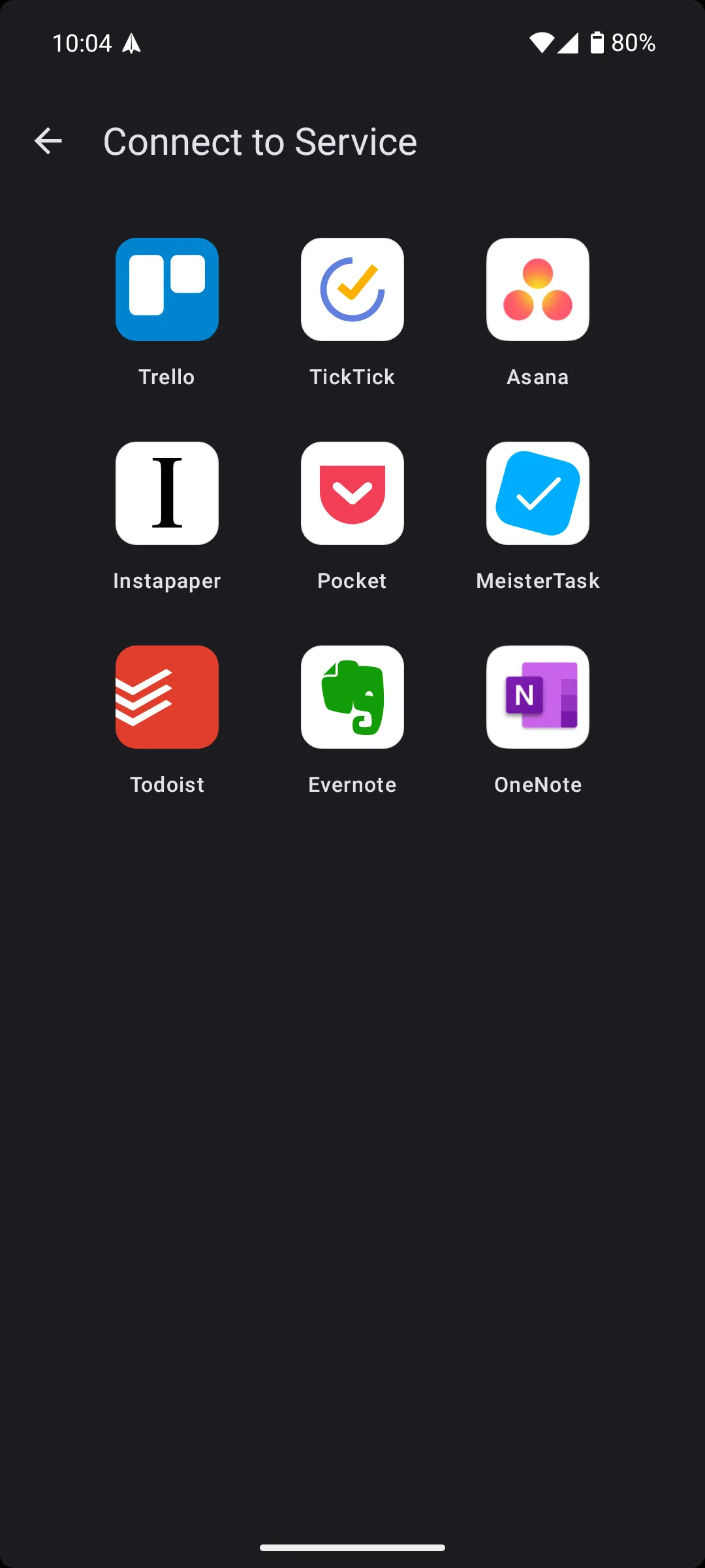 Các tùy chọn tích hợp dịch vụ bên thứ ba trong ứng dụng Spark Mail trên Android, cho phép kết nối với các ứng dụng quản lý công việc