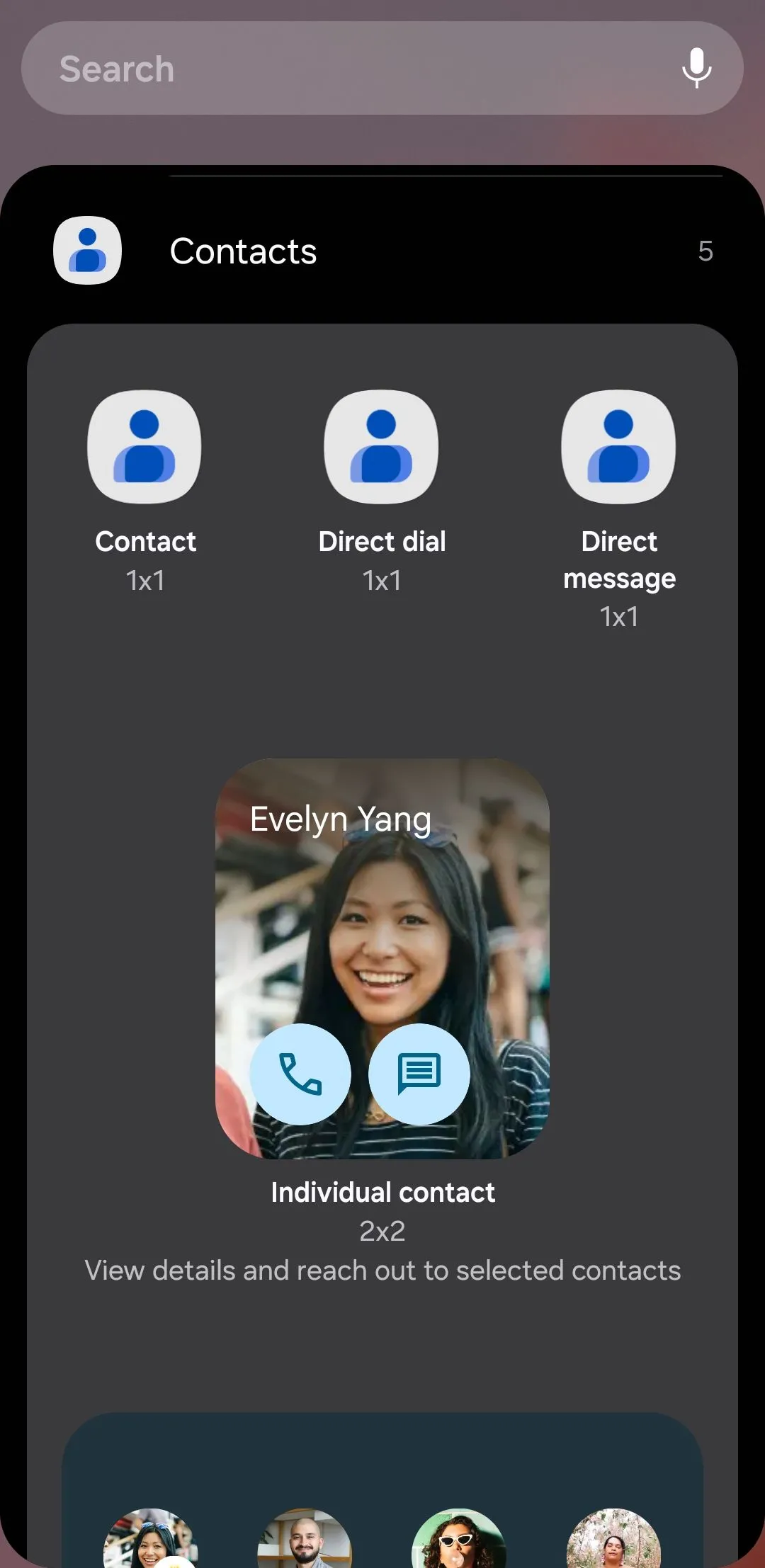 Các tùy chọn widget của ứng dụng Google Danh bạ trên điện thoại Android, cho phép gọi nhanh và hiển thị danh bạ yêu thích