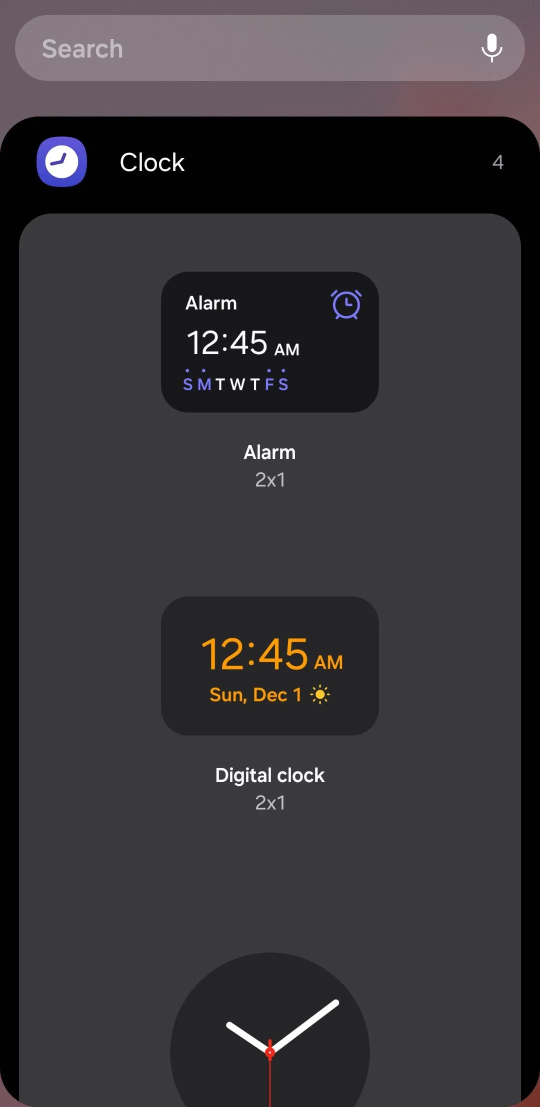 Các tùy chọn widget đồng hồ trên điện thoại Samsung hiển thị thời gian, ngày và báo thức