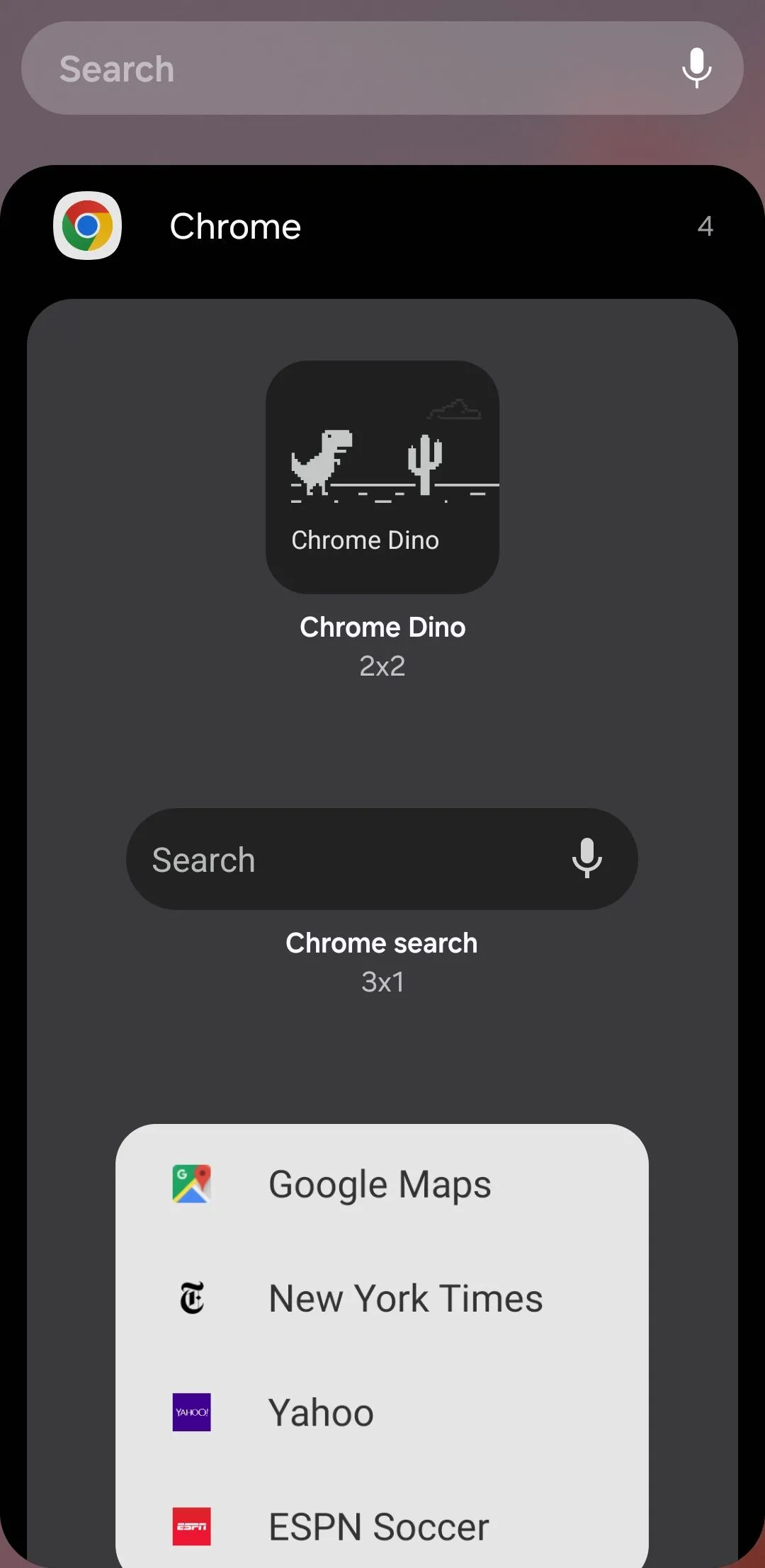 Các tùy chọn widget Google Chrome trên điện thoại Android, bao gồm tìm kiếm nhanh, tab ẩn danh và trò chơi khủng long