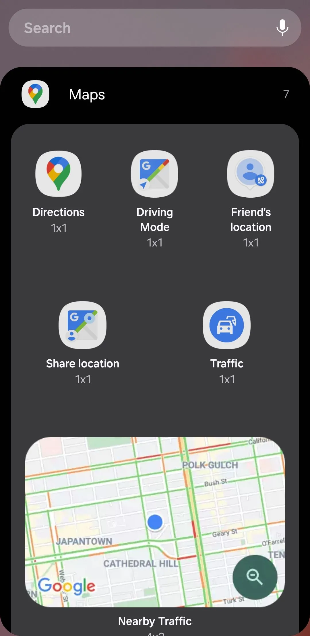 Các tùy chọn widget Google Maps trên Android, hiển thị bản đồ với thông tin giao thông xung quanh theo thời gian thực