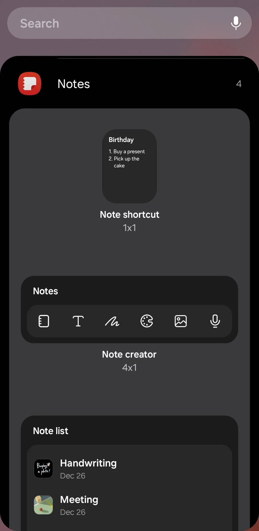 Các tùy chọn widget Samsung Notes trên điện thoại Galaxy, bao gồm phím tắt tạo ghi chú mới và danh sách ghi chú