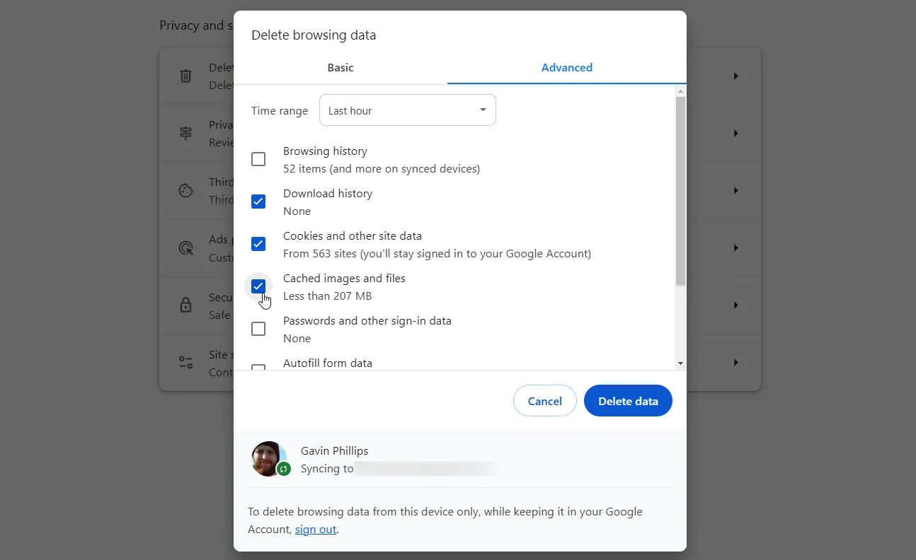 Các tùy chọn xóa dữ liệu duyệt web trong Google Chrome, bao gồm bộ nhớ đệm (cache) và cookie để tăng tốc trình duyệt.