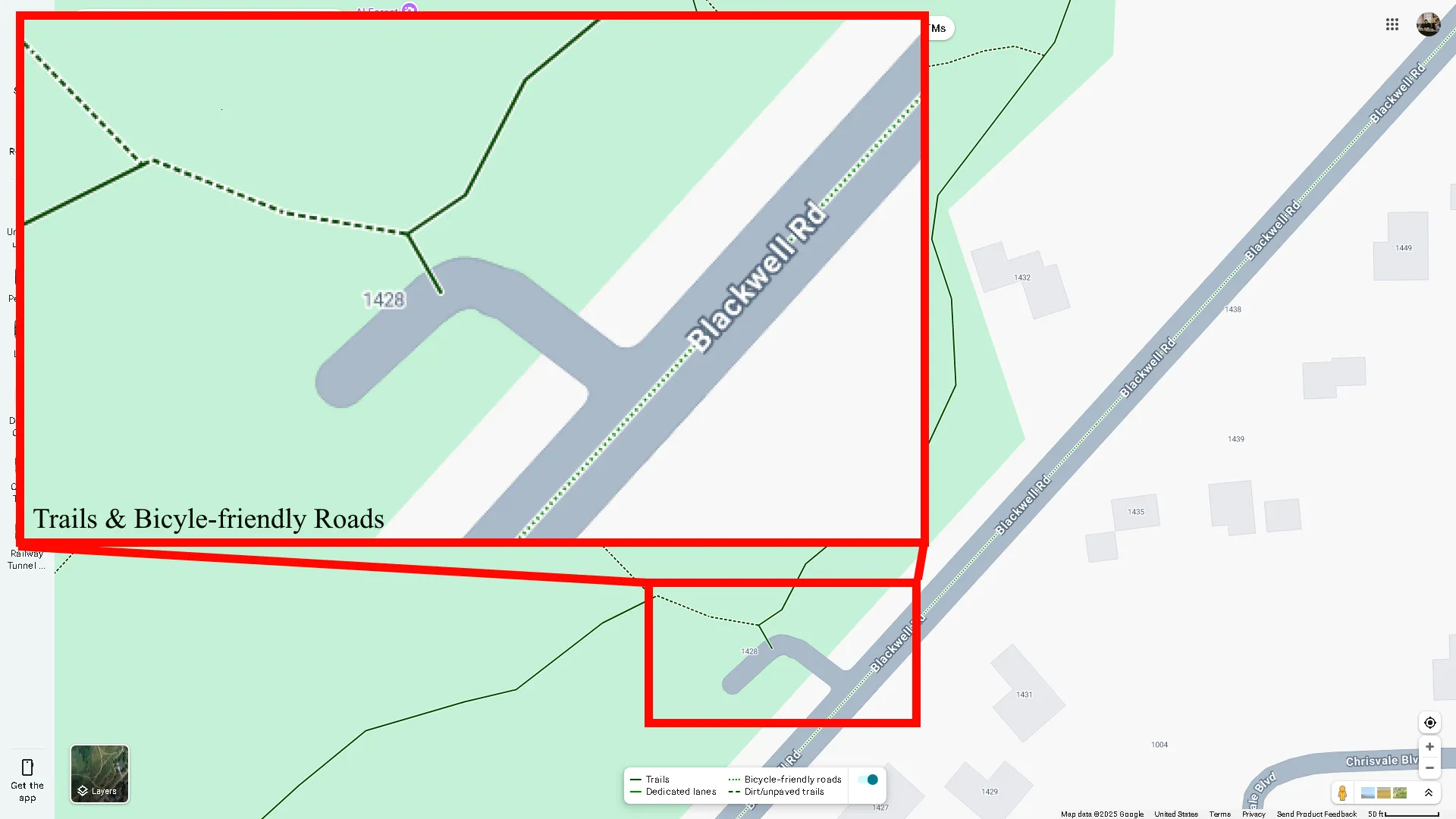 Các tuyến đường mòn và đường dành cho xe đạp được thể hiện bằng màu xanh lá cây trên bản đồ Google Maps