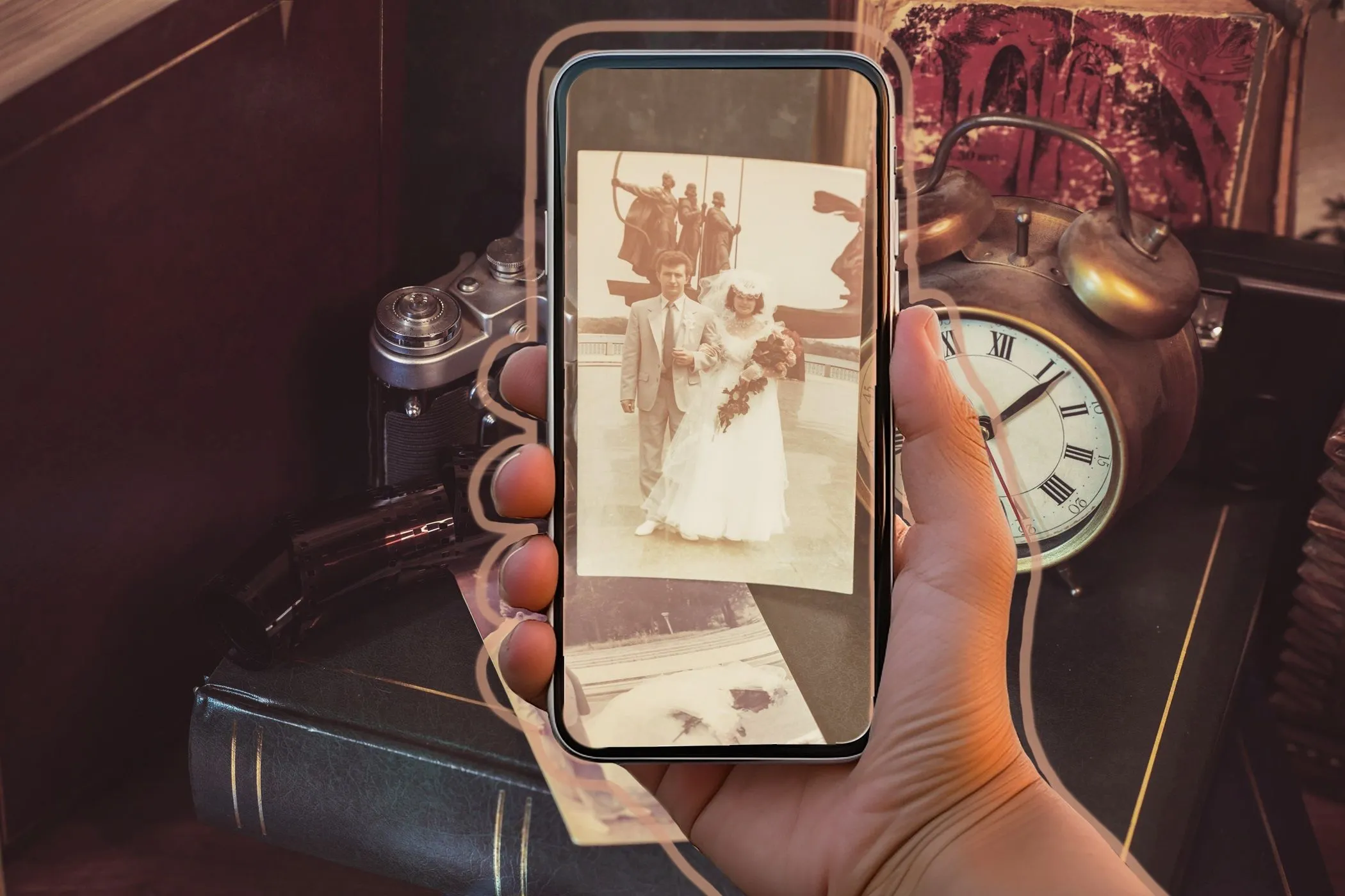 Các vật phẩm cổ điển và thẩm mỹ vintage được chụp bằng điện thoại thông minh, thể hiện xu hướng hoài niệm