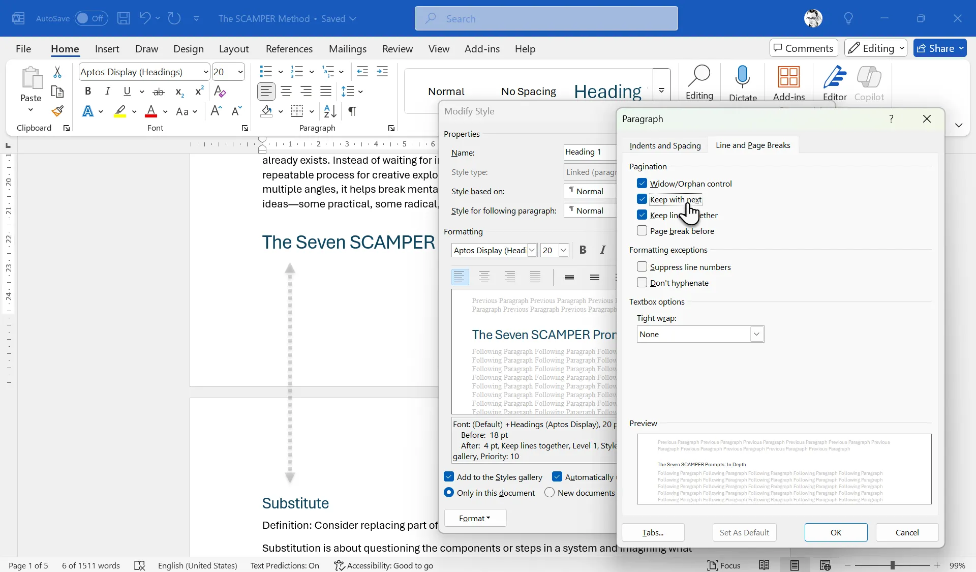 Cách bật tính năng Keep With Next trong cài đặt đoạn văn của Microsoft Word để duy trì cấu trúc tài liệu