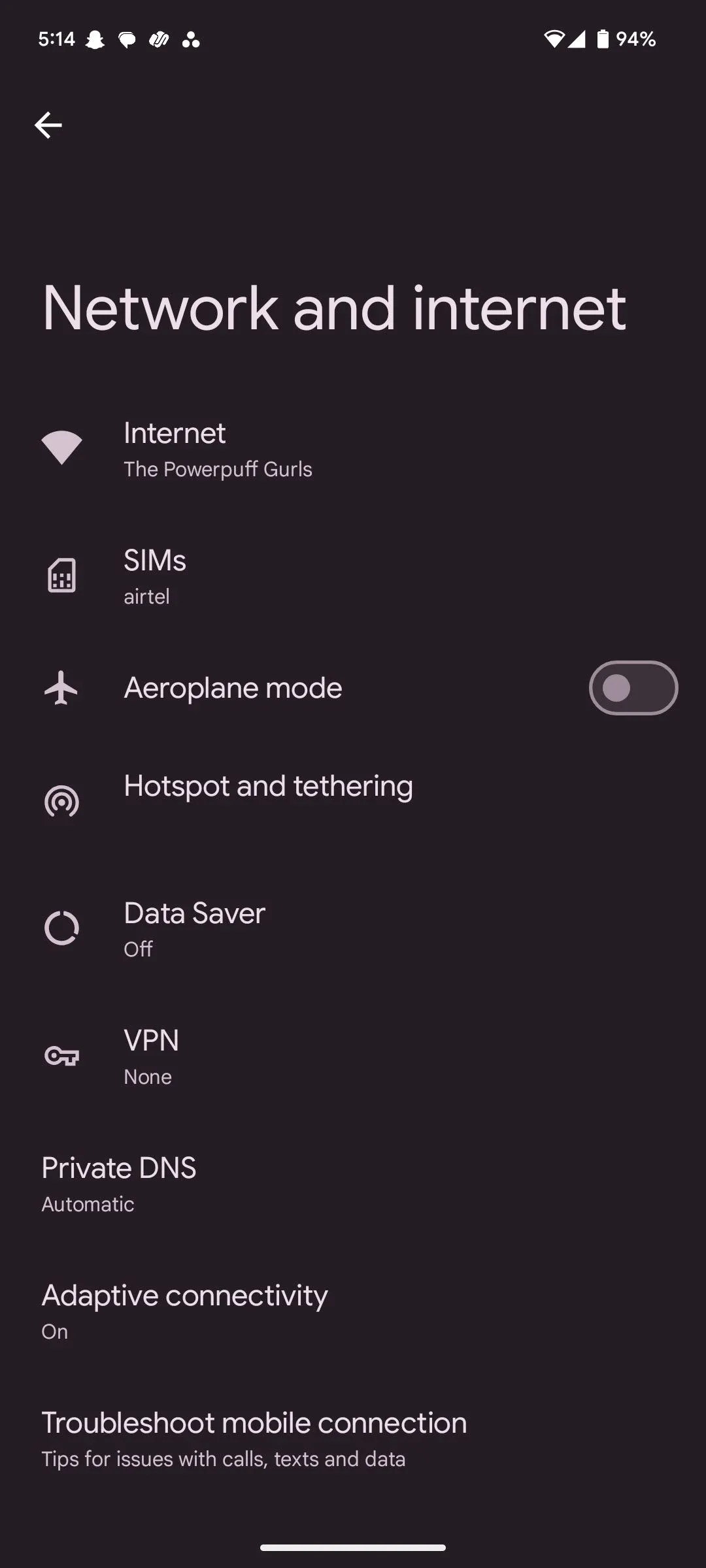 Cài đặt Android hiển thị tùy chọn Internet