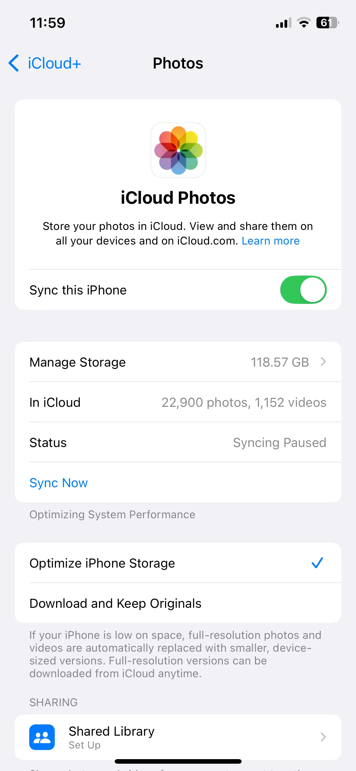Cài đặt Ảnh iCloud trên iPhone với tùy chọn Tối ưu hóa dung lượng iPhone được bật