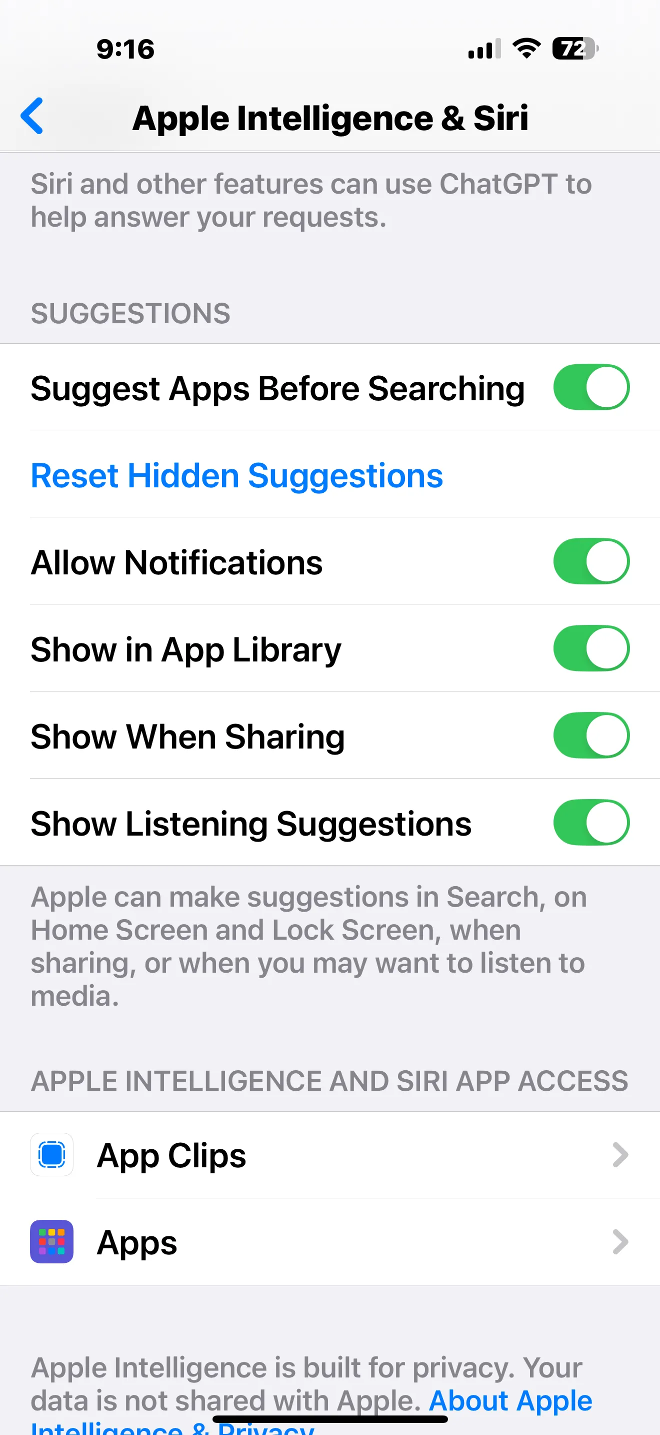 Cài đặt Apple Intelligence trên iPhone với tùy chọn truy cập ứng dụng, cho phép người dùng quản lý quyền học hỏi của AI