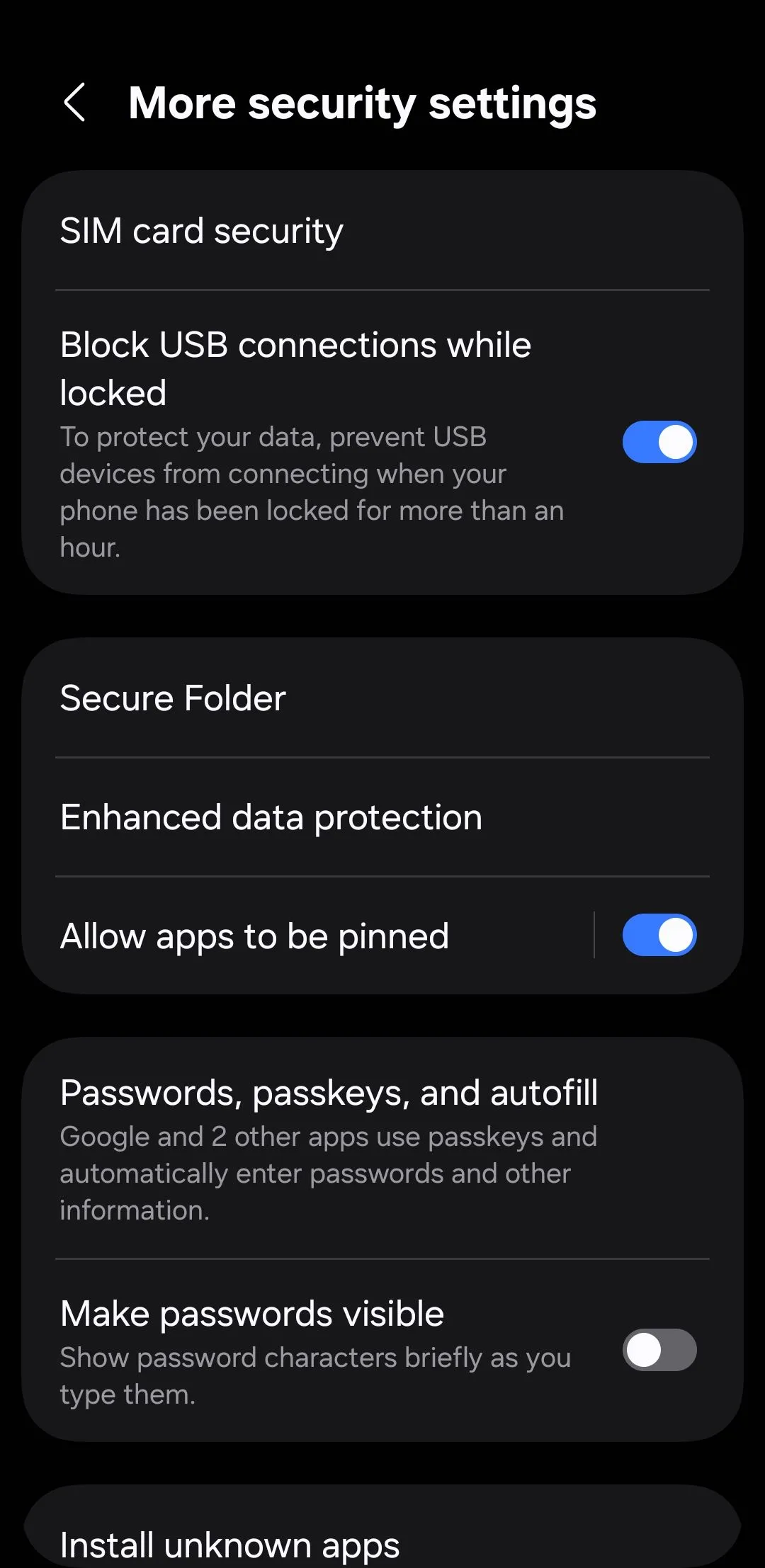 Cài đặt bảo mật trên điện thoại Android, bao gồm tùy chọn chặn USB.
