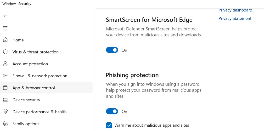 Cài đặt bảo vệ chống lừa đảo (Phishing Protection) trong ứng dụng Windows Security