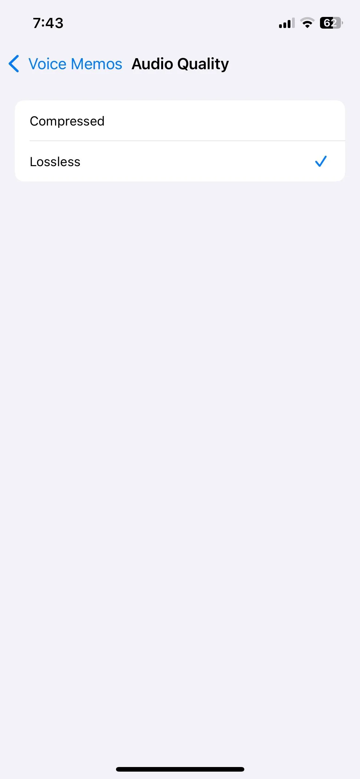 Cài đặt chất lượng âm thanh trong ứng dụng Ghi âm iPhone, chọn tùy chọn Lossless để ghi âm tốt nhất