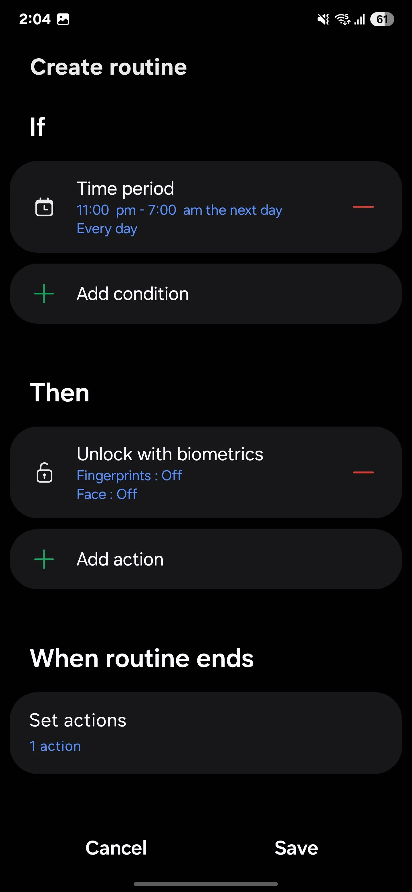 Cài đặt chế độ tự động hóa Samsung để tắt mở khóa vân tay ban đêm