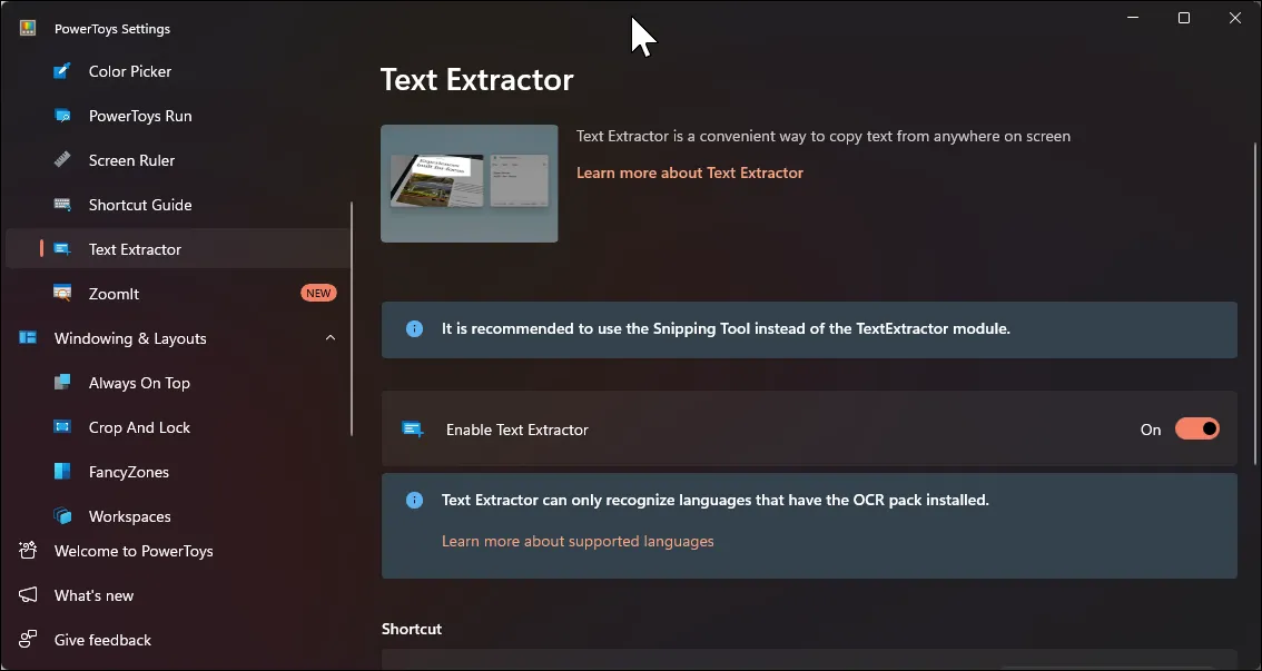 Cài đặt của tính năng Text Extractor trong PowerToys cho phép tùy chỉnh trích xuất văn bản từ màn hình
