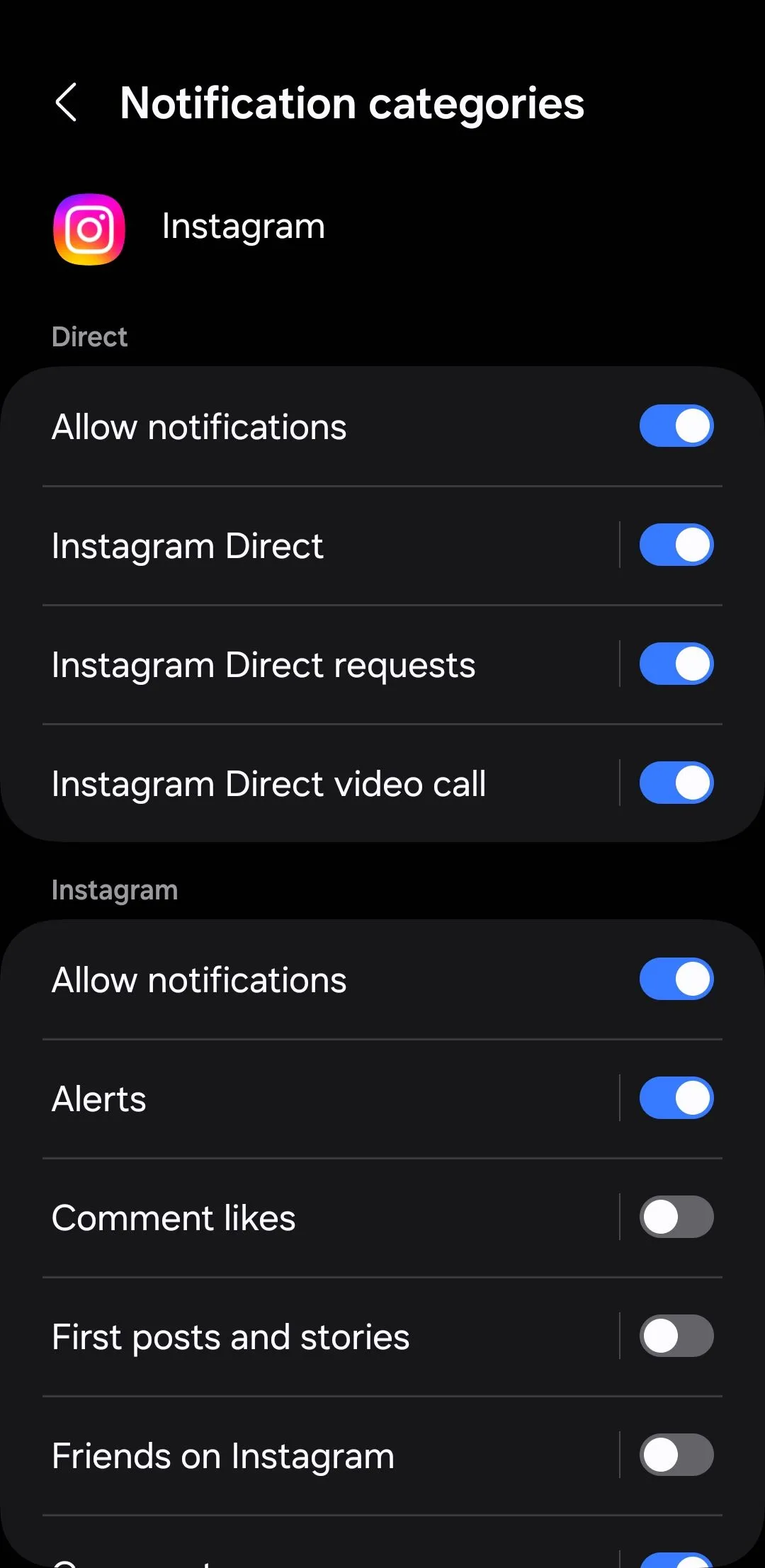 Cài đặt danh mục thông báo Instagram trên Android, với các tùy chọn bật/tắt thông báo cho lượt thích, bình luận, người theo dõi mới và tin nhắn trực tiếp.