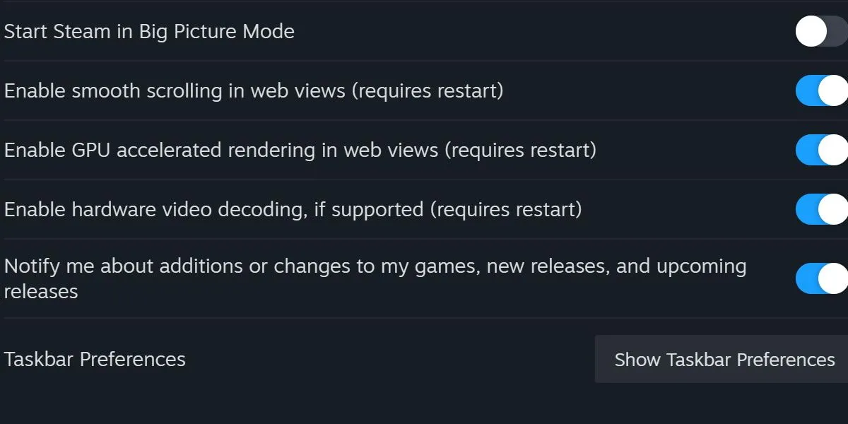 Cài đặt giao diện Steam, tùy chọn tắt tính năng tăng tốc GPU trong web view để cải thiện hiệu suất